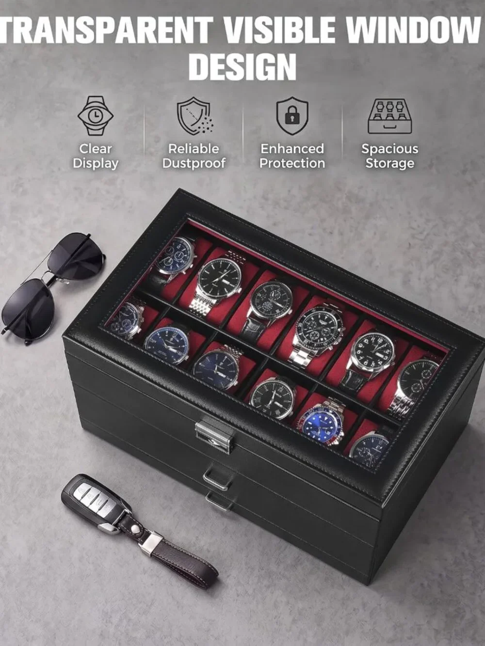 Large 24-Slot Watch Box for Men - Elegant Wine Red Organizer for Timepieces